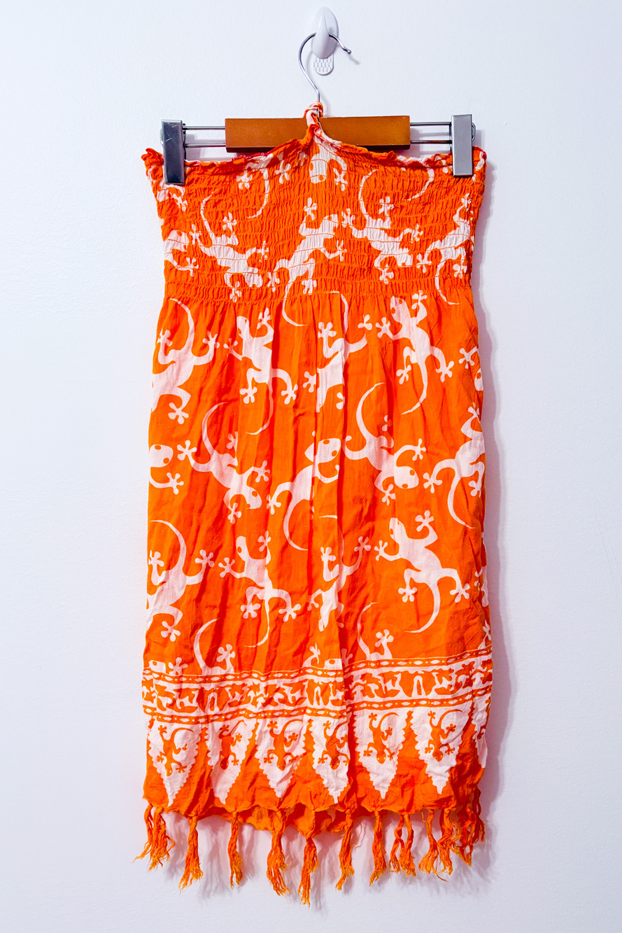 Orange and White Strapless Dress with Gecko Print